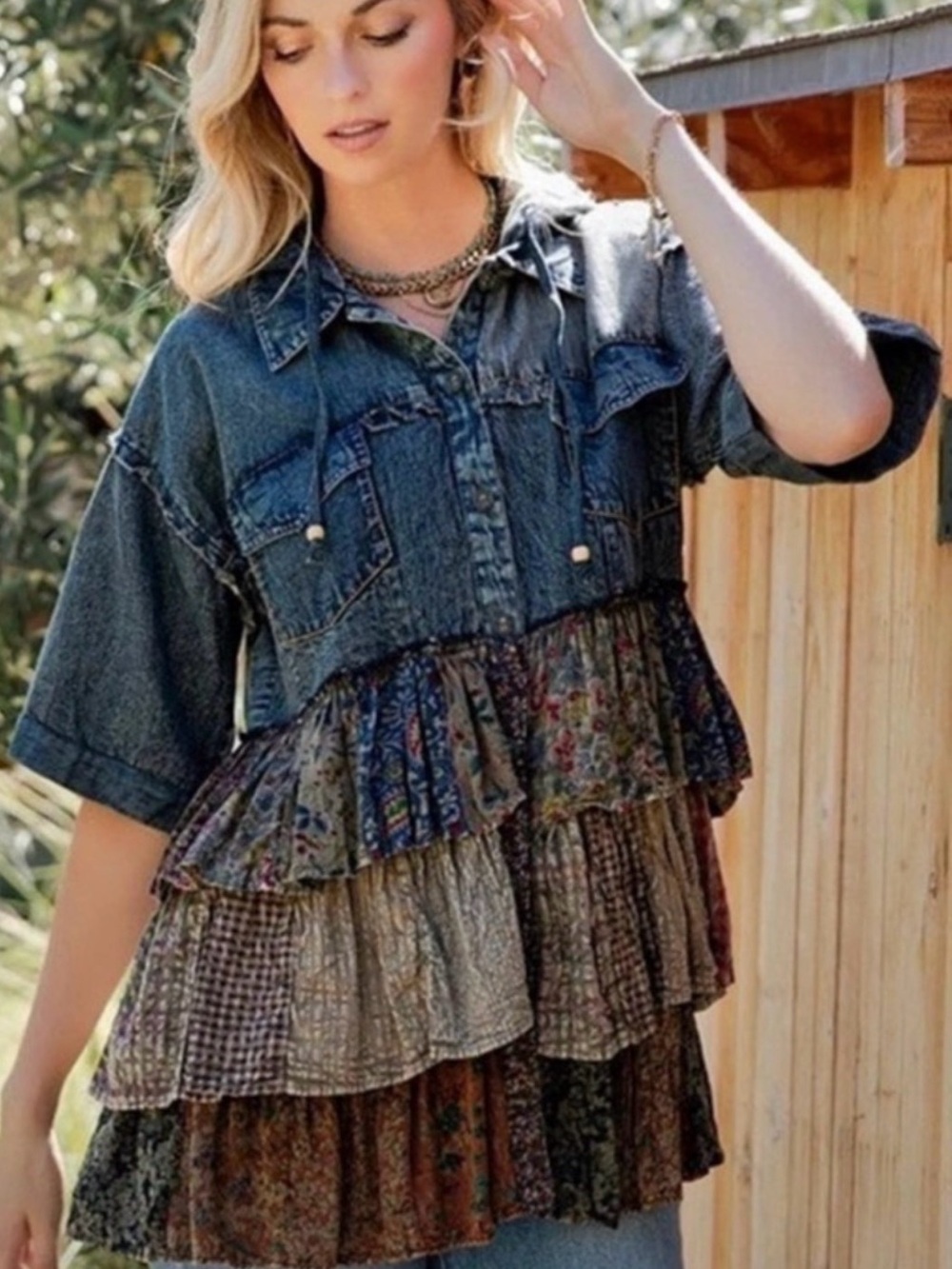 Young Threads Boho Denim Patchwork Ruffle Tunic in Blue & Multicolor